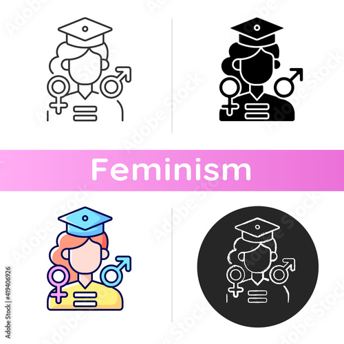 Equal education opportunities icon. Feminism movement. Establishing social justice. Expansion of the rights of women. Linear black and RGB color styles. Isolated vector illustrations
