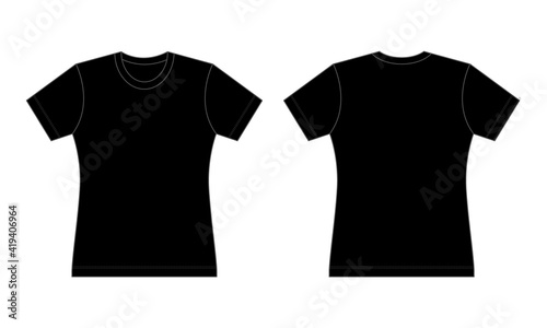 Women's Flat Black T-Shirt Template Vector On White Background.Front And Back View.