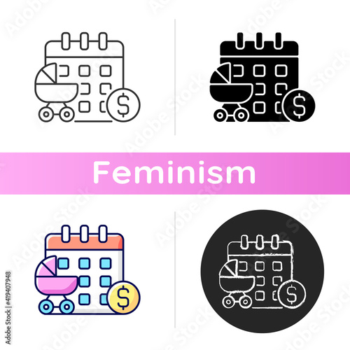 Paid maternity leave icon. Protection of the rights of women. Mother care. Difficulties of motherhood. Feminism movement. Linear black and RGB color styles. Isolated vector illustrations