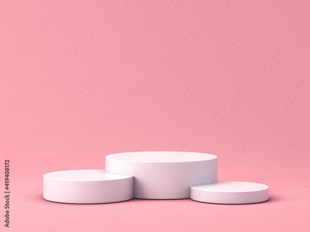 Blank white round podium pedestals or product platforms isolated on pink pastel color background with shadow minimal conceptual 3D rendering