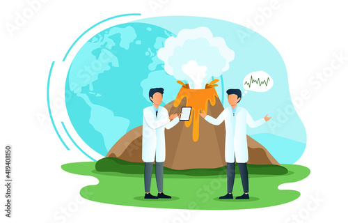 Two male scientists are trying to prevent natural disaster. Signal technology study to predict nature disasters. Concept of seismic activity and lava eruption. Flat cartoon vector illustration