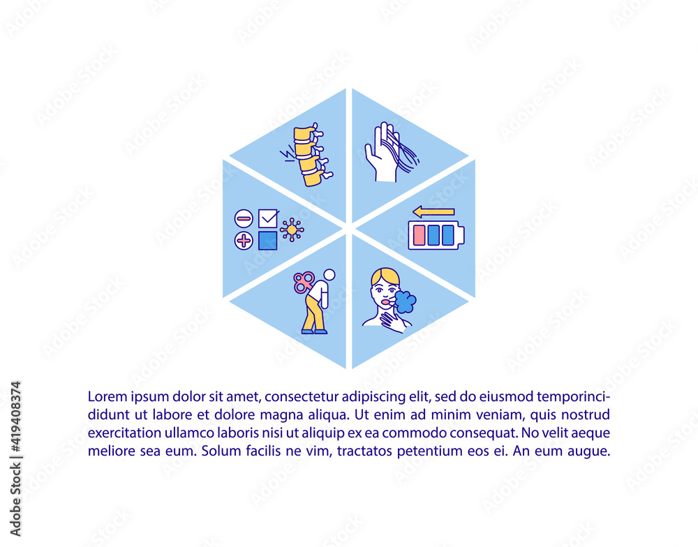 Fototapeta premium Post covid syndrome concept icon with text. Dealing with corona virus health condition decreasing. PPT page vector template. Brochure, magazine, booklet design element with linear illustrations