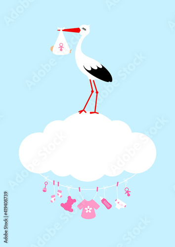 Storch Mit Baby Mädchen Auf Wolke Mit Babysymbolen Pink