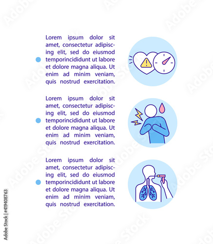 Cardiovascular and respiratory complications concept icon with text. Corona virus issues. PPT page vector template. Brochure, magazine, booklet design element with linear illustrations