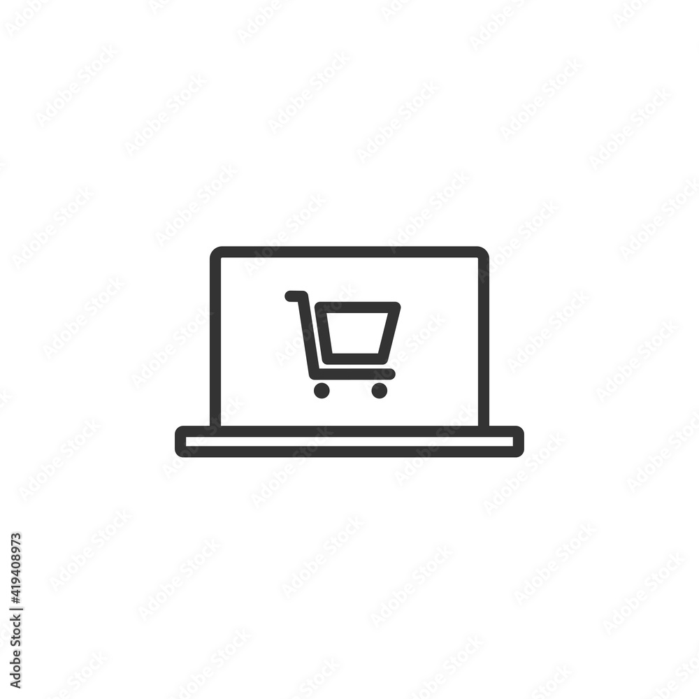Computer display with shopping cart line icon. Linear style pictogram isolated on white. Outline vector sign. Computer display with shopping cart line icon. Linear style pictogram isolated on white. Outline vector sign.