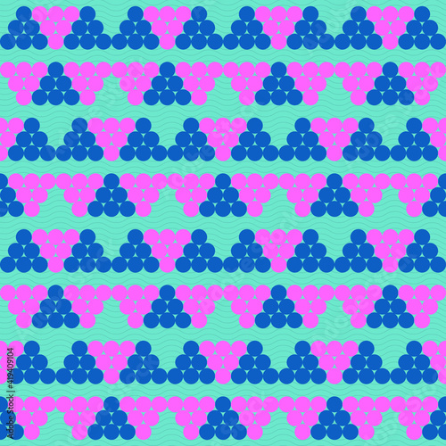 Spring seamless geometric pattern with the image of beads, balls, pyramids, coins. Vector design for web banner, business presentation, brand package, fabric, print, wallpaper, postcard.