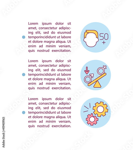 Age and gender predisposition concept icon with text. Post covid syndrome risk groups. PPT page vector template. Brochure, magazine, booklet design element with linear illustrations
