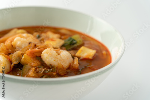 Spicy Korean-style noodle with vegetables and seafood.