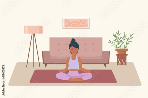 A woman does yoga at home. Vector clip art in a flat style. Home yoga, the process of meditation. A conceptual illustration for a healthy lifestyle. Vector illustration