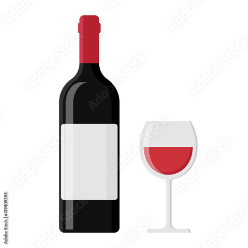 Wine bottle and glass isolated on white background. Flat vector illustration