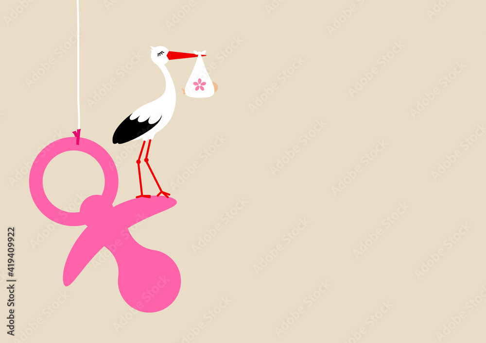 Storch Mit Baby Mädchen Auf Großem Hängendem Schnuller Pink Beige
