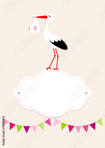 Storch Auf Wolke Mit Baby Mädchen Bunte Girlanden Beige