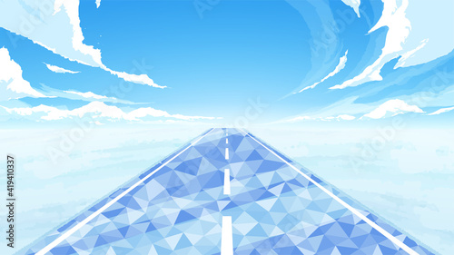 直線道路の風景イラスト_路面凍結_16:9