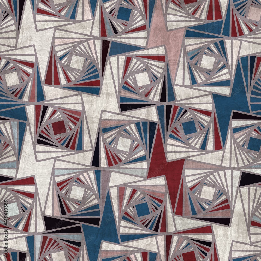 Seamless red white and blue textured geometric pattern. High quality illustration. Color blocked shapes in an old vintage look. Generic and versatile design useful for all types of surface design. Seamless red white and blue textured geometric pattern. High quality illustration. Color blocked shapes in an old vintage look. Generic and versatile design useful for all types of surface design.