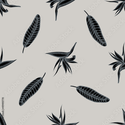 Seamless pattern with hand drawn stylized strelitzia