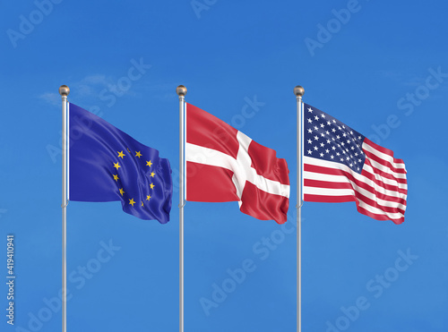 Three flags. USA (United States of America), EU (European Union) and Denmark. 3D illustration.