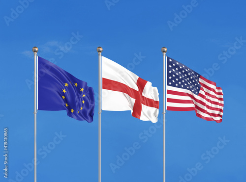 Three flags. USA (United States of America), EU (European Union) and England. 3D illustration.