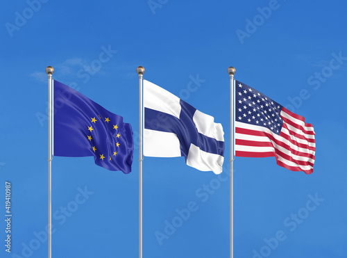 Three flags. USA (United States of America), EU (European Union) and Finland. 3D illustration.