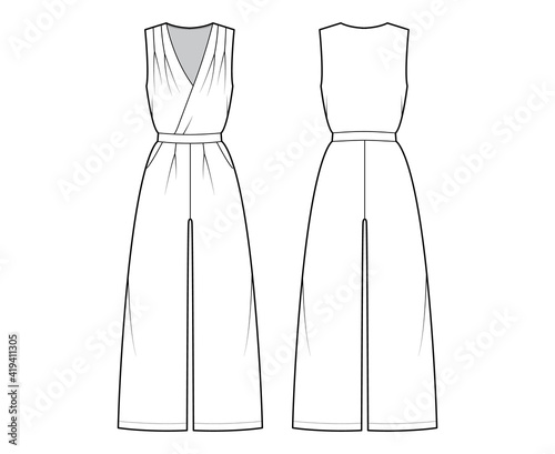 Playsuit romper overall jumpsuit technical fashion illustration with full length, normal waist, high rise, pockets, single pleat. Flat front back, white color style. Women, men unisex CAD mockup