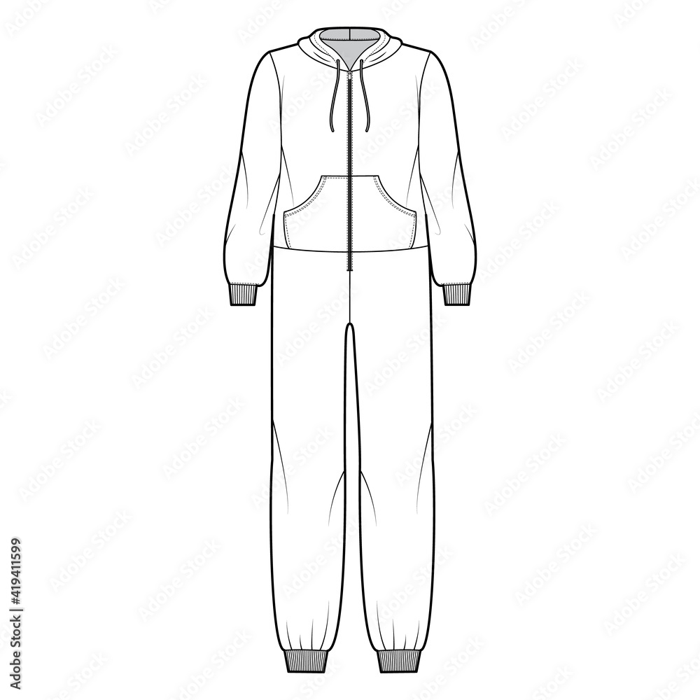 Onesie overall jumpsuit sleepwear technical fashion illustration with full length, oversized, hood, zipper closure, kangaroo pouch. Flat Dungaree front, white color style. Women, men unisex CAD mockup Onesie overall jumpsuit sleepwear technical fashion illustration with full length, oversized, hood, zipper closure, kangaroo pouch. Flat Dungaree front, white color style. Women, men unisex CAD mockup