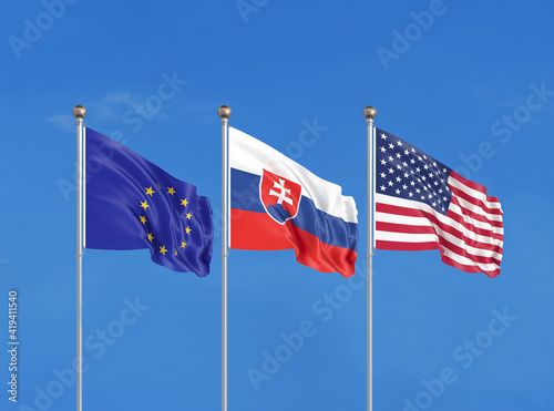 Three flags. USA (United States of America), EU (European Union) and Slovakia. 3D illustration.