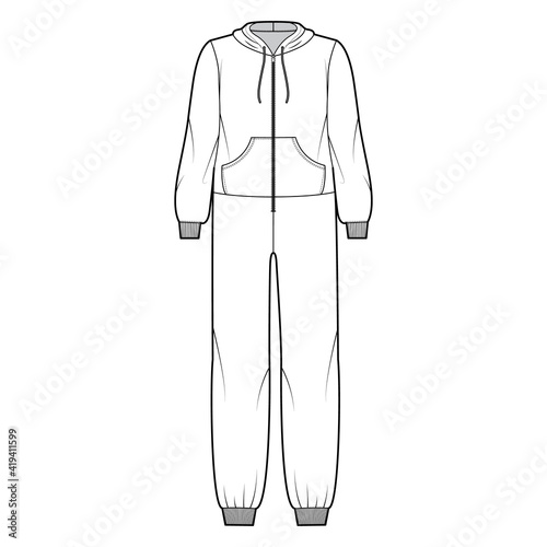 Onesie overall jumpsuit sleepwear technical fashion illustration with full length, oversized, hood, zipper closure, kangaroo pouch. Flat Dungaree front, white color style. Women, men unisex CAD mockup