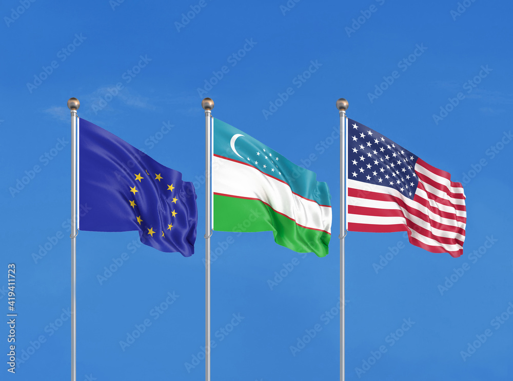 Three flags. USA (United States of America), EU (European Union) and Uzbekistan. 3D illustration. Three flags. USA (United States of America), EU (European Union) and Uzbekistan. 3D illustration.