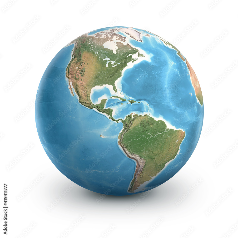 Fototapeta premium Planet Earth globe, isolated on white. Geography of the world from space, focused on North and South America - 3D illustration, elements of this image furnished by NASA.
