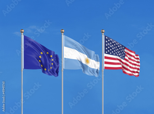 Three flags. USA (United States of America), EU (European Union) and Argentina. 3D illustration.
