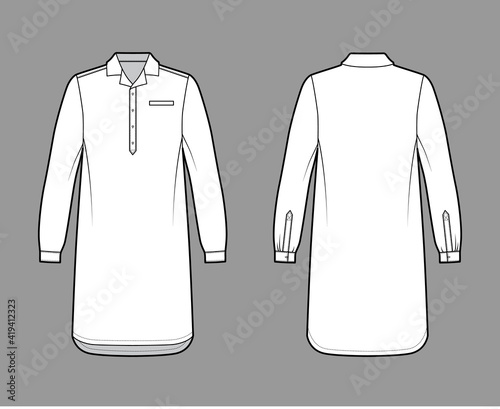Nightshirt dress Sleepwear Pajama technical fashion illustration with knee length, classic henley collar, cuff long sleeves. Flat apparel front back, white color style. Women, men unisex CAD mockup