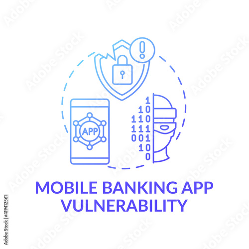 Mobile banking app vulnerability concept icon. Threats and scammers idea thin line illustration. Faults in application code. Security weaknesses. Vector isolated outline RGB color drawing