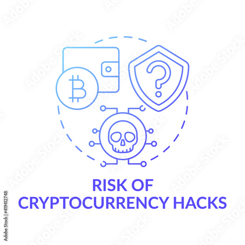 Risk of cryptocurrency hacks concept icon. Earning bitcoin idea thin line illustration. Hacks and data breaches. Theft and scammers. E-wallets. Vector isolated outline RGB color drawing photo