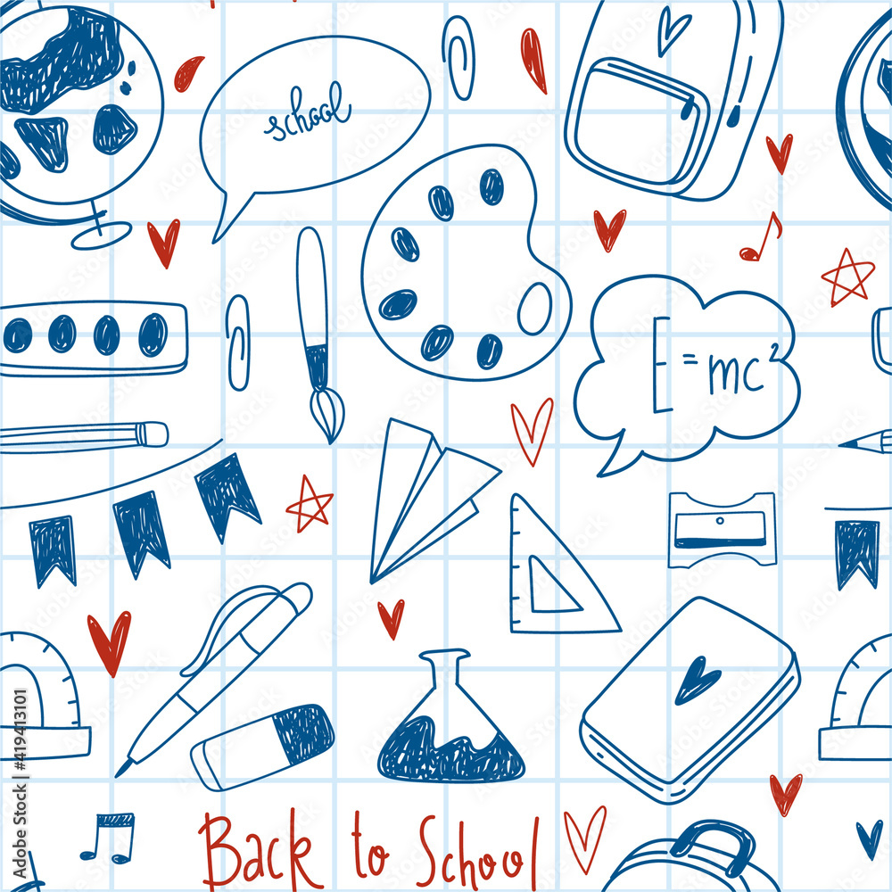 Back to school seamless vector pattern for textile fabric design, wrapping paper and website wallpapers. Funny seamless pattern with school supplies and creative elements. Pen sketch background. Back to school seamless vector pattern for textile fabric design, wrapping paper and website wallpapers. Funny seamless pattern with school supplies and creative elements. Pen sketch background.
