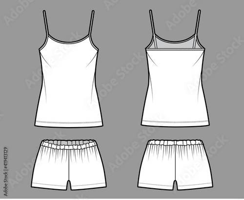 Camisole Pajama short Sleepwear technical fashion illustration with scoop neck cami, mini length, oversized, low elastic waist. Flat apparel front back, white color style. Women, men unisex CAD mockup