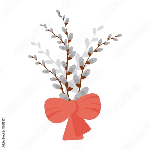 Willow branch bouquet with a bow. Spring and Easter concept. First signs of new season. Isolated simple and editable vector. Can be used for sticker, poster, print, web decor, scrapbooking.