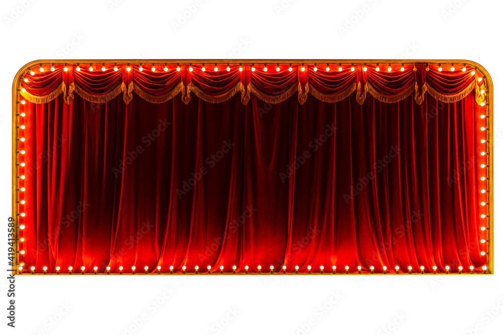 theater red curtain and neon lamp around border on white background