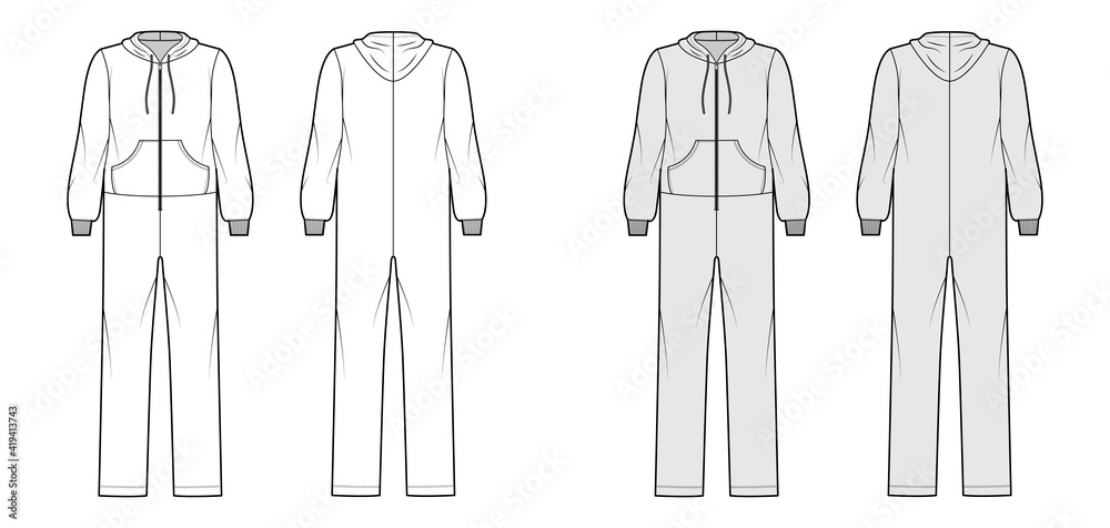 Onesie overall jumpsuit sleepwear technical fashion illustration with full length, hood, zipper closure, kangaroo pouch. Flat Dungaree front back, white, grey color style. Women, men unisex CAD mockup Onesie overall jumpsuit sleepwear technical fashion illustration with full length, hood, zipper closure, kangaroo pouch. Flat Dungaree front back, white, grey color style. Women, men unisex CAD mockup
