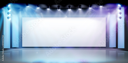Projection screen on the stage. Exhibition in art gallery. Free space for advertising. Vector illustration.