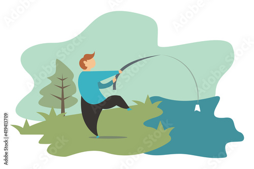 illustration vector graphic of a man is fishing by the lake, perfect for sport, nature, poster, background, etc.