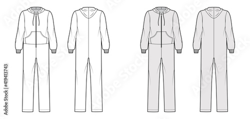 Onesie overall jumpsuit sleepwear technical fashion illustration with full length, hood, zipper closure, kangaroo pouch. Flat Dungaree front back, white, grey color style. Women, men unisex CAD mockup