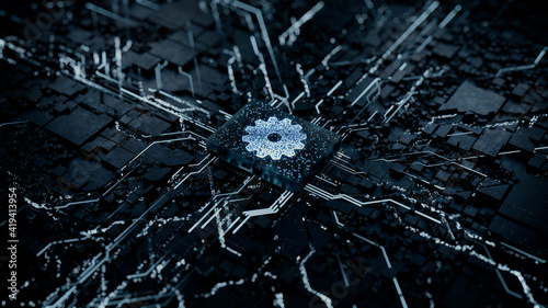Configure Technology Concept with cog symbol on a Microchip. Data flows from the CPU across a Futuristic Motherboard. 3D render.