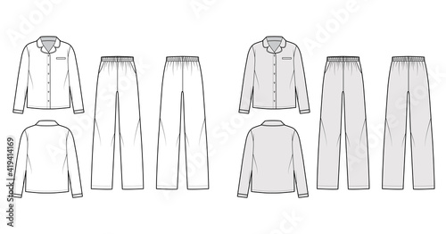 Set of Sleepwear Pajamas shirt, pants technical fashion illustration with full length, pockets, button closure, long sleeves. Flat front back, white, grey color style. Women, men unisex CAD mockup