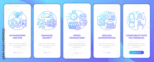Biometric payment benefits onboarding mobile app page screen with concepts. Identify user and authorize walkthrough 5 steps graphic instructions. UI vector template with RGB color illustrations