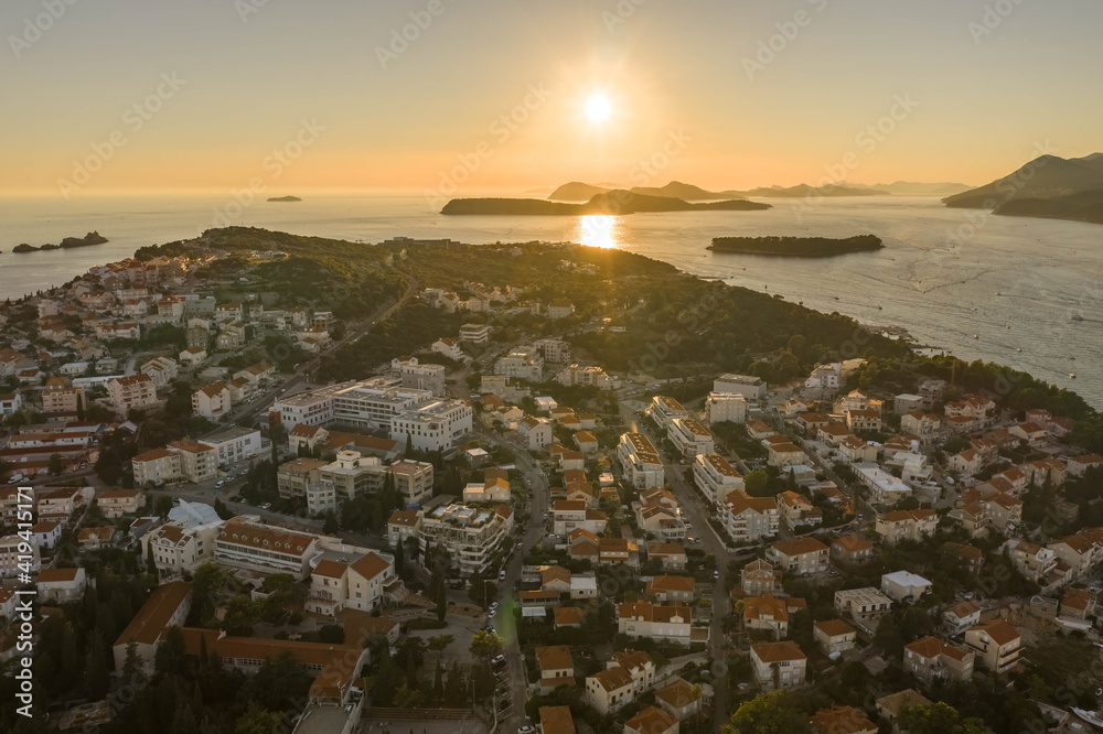 Aerial drone shot of sunset over Adriatic islands view from Dubrovnik Babin Kuk hill in Croatia summer
