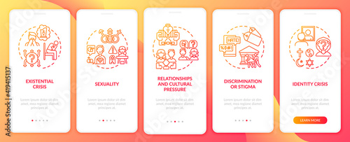 Issues with religion red onboarding mobile app page screen with concepts. Identity crisis. Social pressure walkthrough 5 steps graphic instructions. UI vector template with RGB color illustrations