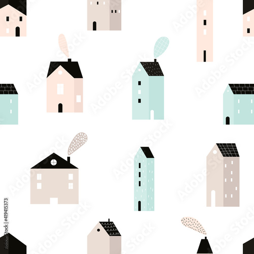 Vector hand-drawn colored seamless repeating childish simple pattern with cute houses in Scandinavian style on a white background. Childish seamless pattern with houses. City. Houses. Architecture.