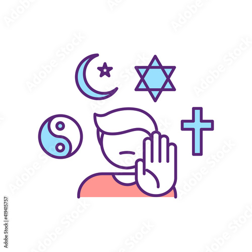 Atheist RGB color icon. Defy global religious systems. Issue with spirituality. Crisis of faith. Agnosticism, conflict in belief systems. No acceptance for religions. Isolated vector illustration