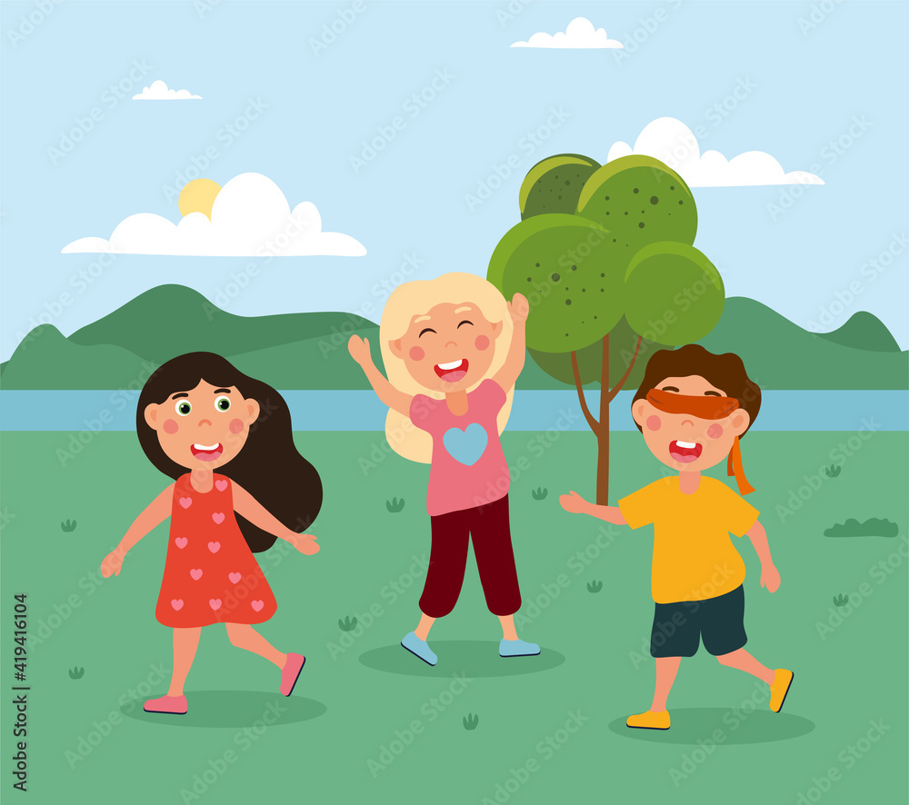 Happy cute little kids are playing hide and seek together outdoors. Little boy is blindfolded trying to find his friends. Concept of outdoor activity with friends. Flat cartoon vector illustration
