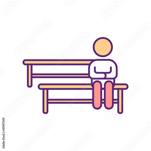 Person sitting on bench RGB color icon. Human visiting catholic church service. Social distance. Man alone on seat. Waiting outdoors. Relaxation and rest. Isolated vector illustration