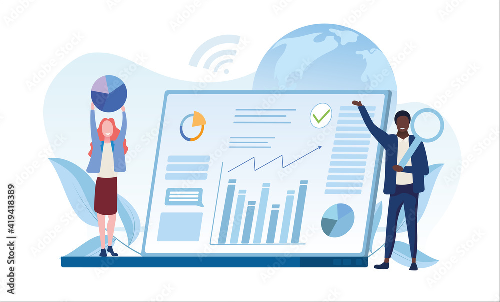 Male and female characters are working on online web statistics together. Concept of web page improvement for business promotion as marketing strategy. Flat cartoon vector illustration Male and female characters are working on online web statistics together. Concept of web page improvement for business promotion as marketing strategy. Flat cartoon vector illustration